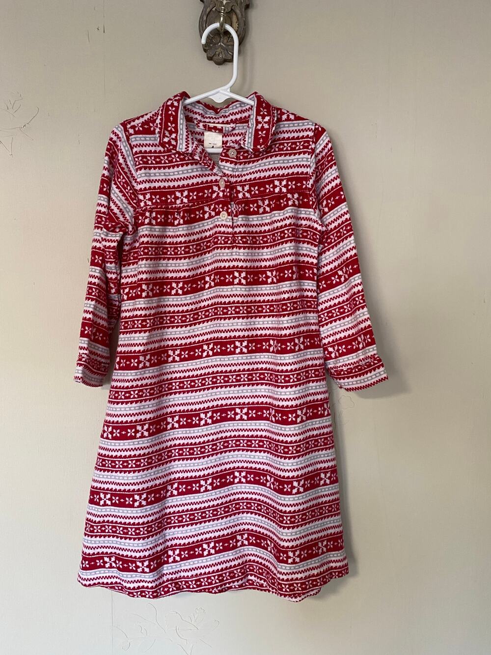 Pottery Barn Kids Red White Gray Fairisle Nordic Flannel Nightgown 4